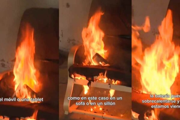 Cuidado al cargar dispositivos electrónicos en casa: Madrid 112 alerta sobre riesgos. Sofá en llamas por cargar el móvil de forma incorrecta en casa.