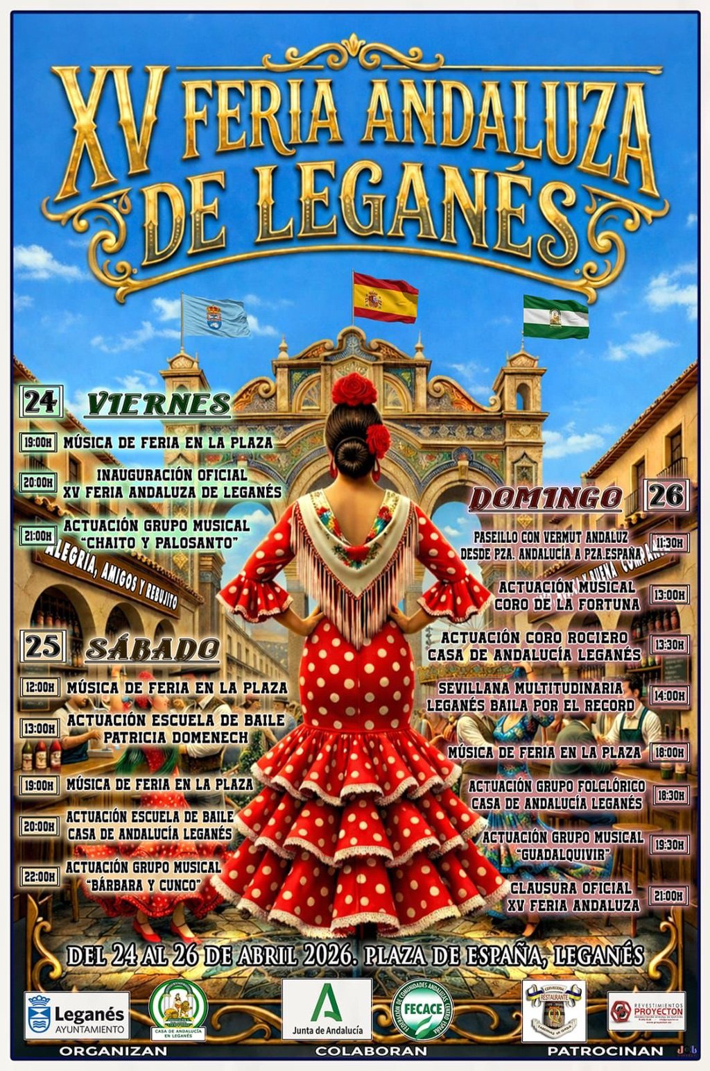 Por tercer año consecutivo el Ayuntamiento de Leganés y la Casa de Andalucía consolidan su estrecha colaboración para organizar la XV Feria Andaluza de Leganés, que se celebrará del viernes 24 al domingo 26 de abril. La Feria regresa a la Plaza de España para inundar Leganés de alegría y tradición gracias a las actuaciones de grupos musicales, Escuelas de Flamenco, coros rocieros, pasacalles y los bailes de la Casa de Andalucía. Una cita que ha vuelto a convertirse en imprescindible en el calendario festivo local, reuniendo cada año a cientos de vecinos y vecinas para compartir y celebrar la cultura andaluza. 