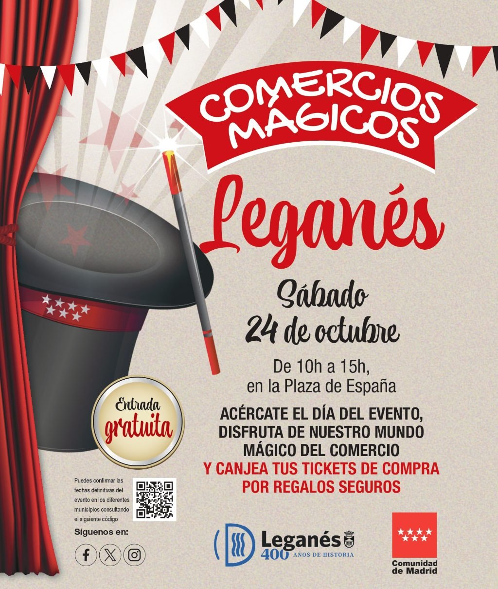 El Ayuntamiento de Leganés, en colaboración con la Dirección General de Comercio, Consumo y Servicios de la Comunidad de Madrid, ha preparado por tercer año consecutivo la campaña ‘Comercios Mágicos’. En esta edición participan 550 establecimientos de la ciudad, batiendo nuevamente el récord de toda la región. De 10:00 a 15:00 horas la Plaza de España se convertirá en una feria mágica con actividades artísticas, lúdicas e interactivas dirigidas al público familiar.